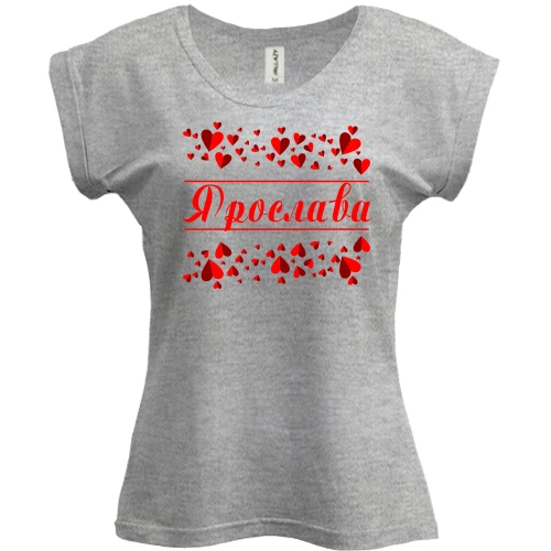 Футболка женская PANI, Серый меланж, с сердечками и именем "Ярослава"