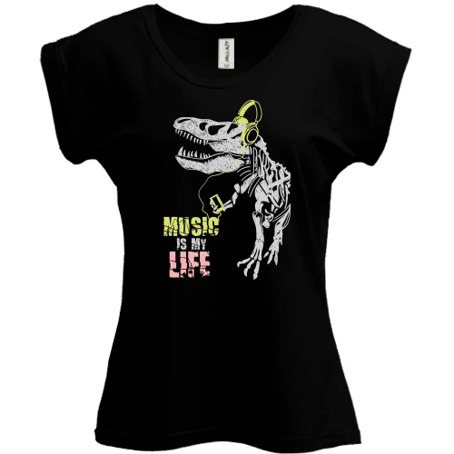 Футболка женская PANI, Черный, Music is my life Динозавр