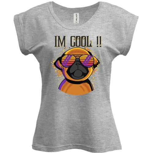 Футболка женская PANI, Серый меланж, с мопсом и надписью "I'm cool"