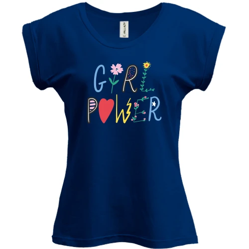 Футболка женская PANI, Синий, с Girl Power и цветами
