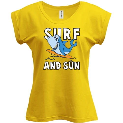 Футболка женская PANI, Желтый, с акулой серфингистом и надписью "Surf and sun"