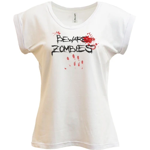 Футболка жіноча PANI, Білий, Beware Zombies з кривавим відбитком