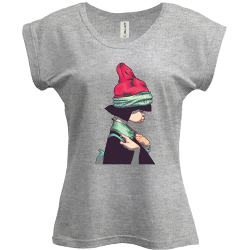 Футболка женская PANI, Серый меланж, girl in a red hat