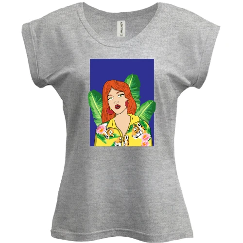 Футболка женская PANI, Серый меланж, Redhead girl with leaves