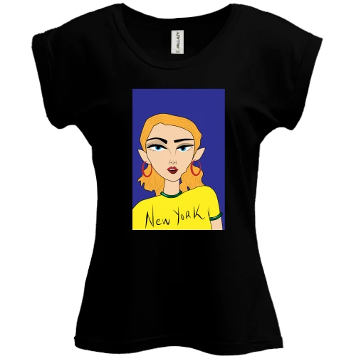 Футболка жіноча PANI, Чорний, Blonde in a yellow t-shirt