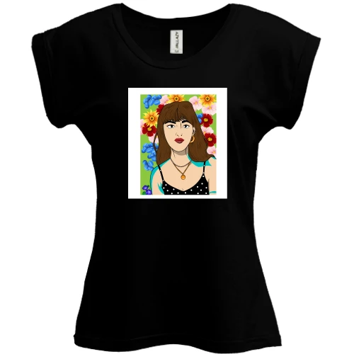 Футболка женская PANI, Черный, Brown-haired woman in flowers