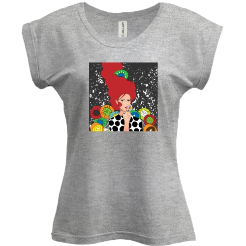 Футболка женская PANI, Серый меланж, Redhead girl with flowers