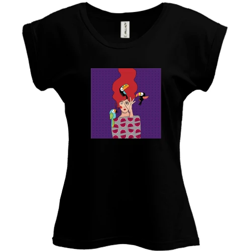Футболка женская PANI, Черный, Redhead girl with birds