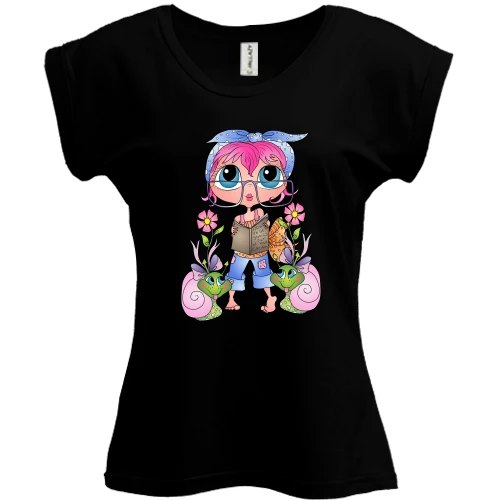 Футболка жіноча PANI, Чорний, Girl with pink hair
