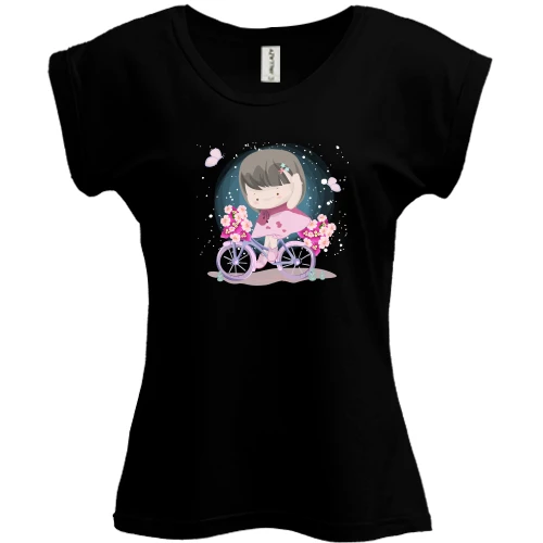 Футболка жіноча PANI, Чорний, Little girl riding a bicycle