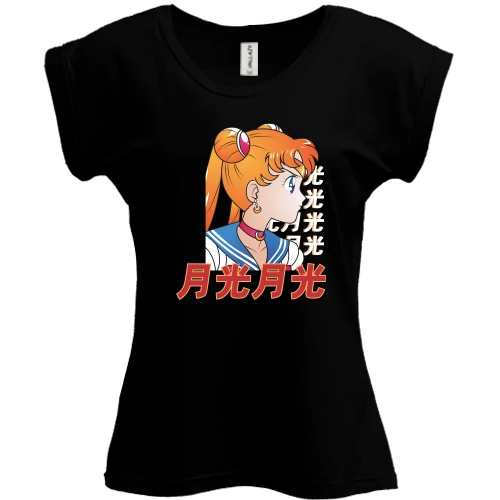 Футболка женская PANI, Черный, Anime girl with hieroglyphs