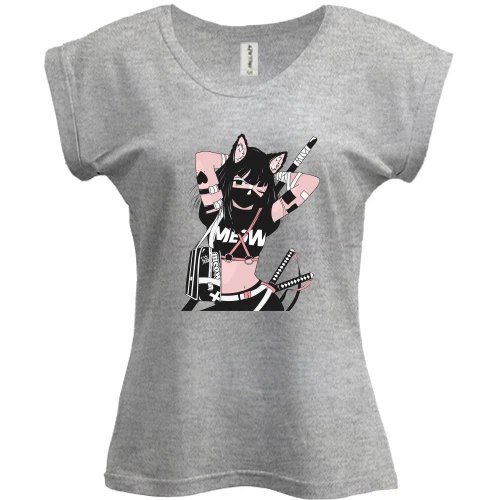 Футболка жіноча PANI, Сірий меланж, Cat girl in black mask