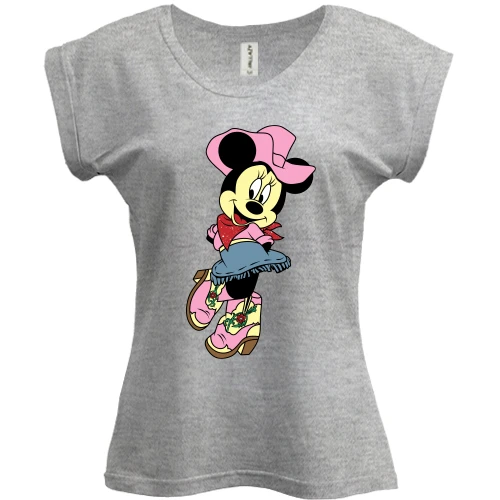 Футболка женская PANI, Серый меланж, Minnie Mouse cowboy.