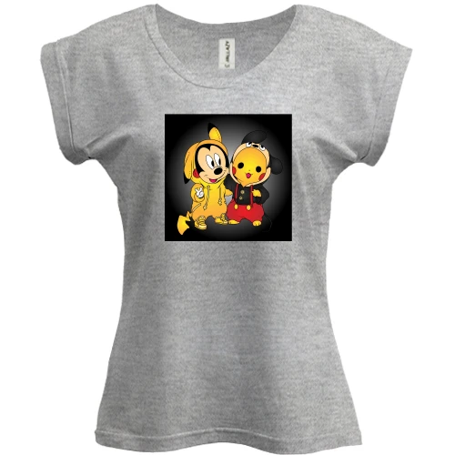 Футболка женская PANI, Серый меланж, Mickey mouse and pikachu