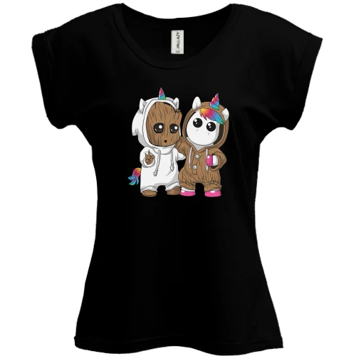 Футболка женская PANI, Черный, Baby groot and unicorn