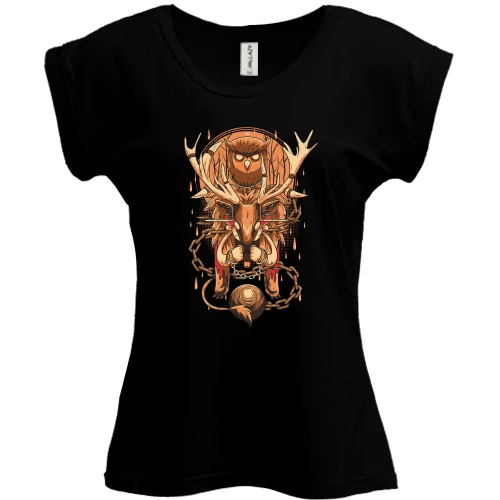 Футболка жіноча PANI, Чорний, Owl and deer