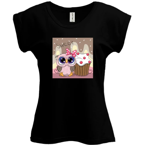 Футболка женская PANI, Черный, Baby owl with cupcake