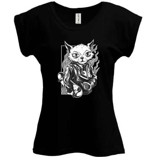 Футболка женская PANI, Черный, Cat with skate black and white