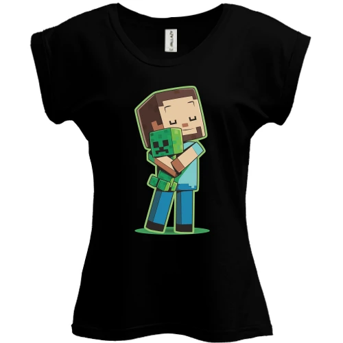 Футболка женская PANI, Черный, Minecraft Boy with green doll