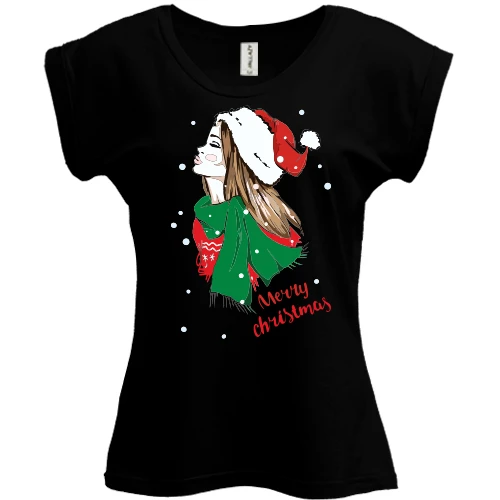 Футболка женская PANI, Черный, с девушкой Merry Christmas