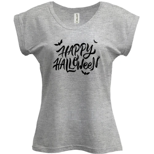 Футболка женская PANI, Серый меланж, Happy Halloween (с летучими мышами)