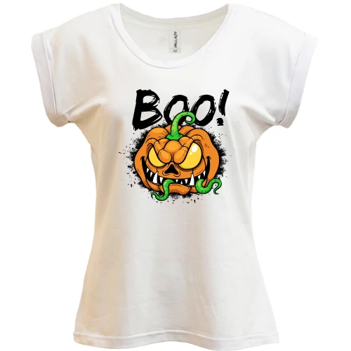 Футболка женская PANI, Белый, с ужасной тыквой "BOO!"