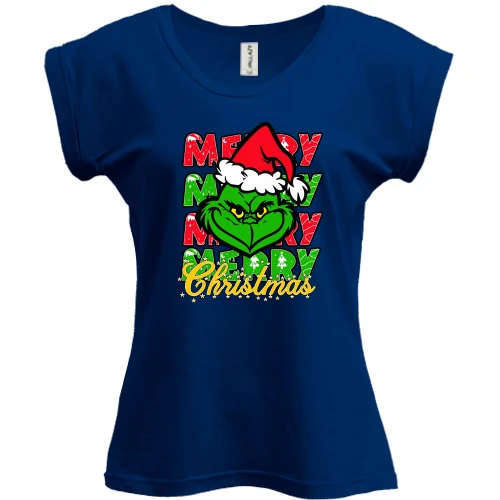 Футболка жіноча PANI, Синій, з Грінчем "Merry merry merry"