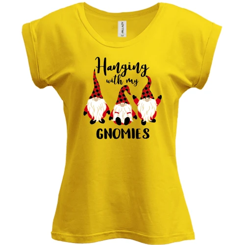 Футболка жіноча PANI, Жовтий, з гномами"Hanging with my gnomies"