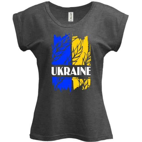 Футболка женская PANI, Серый меланж, с надписью "Ukraine" на фоне флага