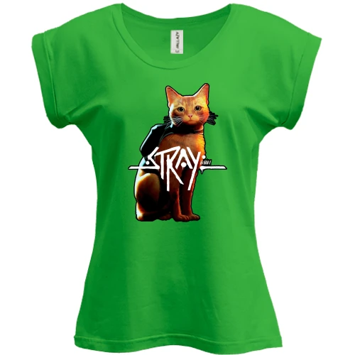 Футболка женская PANI, Зеленый, с кошкой "Stray"