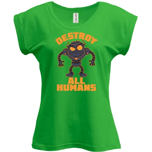 Футболка женская PANI, Зеленый, с роботом "Destroy all humans"