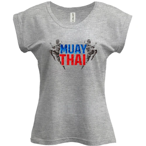Футболка женская PANI, Серый меланж, Муай тай с надписью «MUAY THAI» и силуэтами бойцов