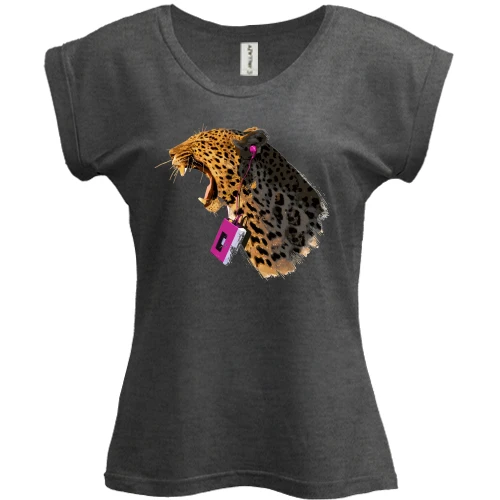 Футболка женская PANI, Серый меланж, Леопард с плеером