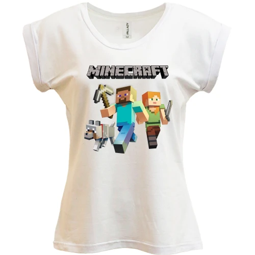 Футболка женская PANI, Белый, со Стивом, Алекс и волком из Minecraft