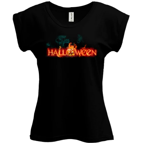 Футболка женская PANI, Черный, с огненной надписью Halloween