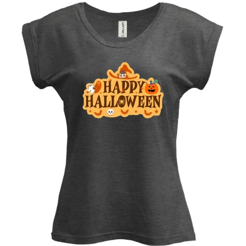 Футболка женская PANI, Серый меланж, Happy Halloween (Вывеска)