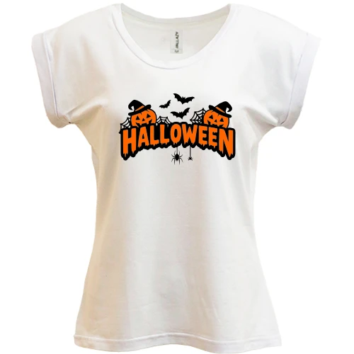 Футболка женская PANI, Белый, Надпись Halloween с тыквами