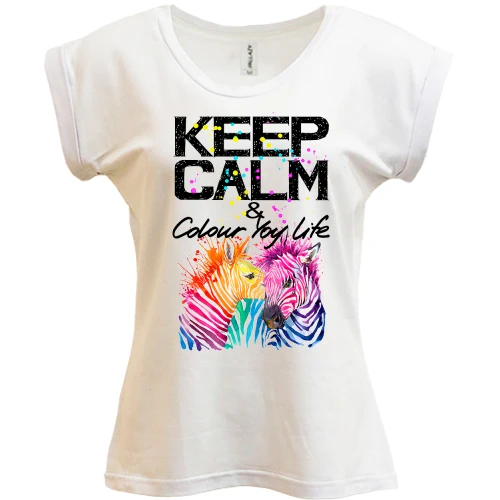 Футболка женская PANI Keep calm and colour your life с цветными зебрами