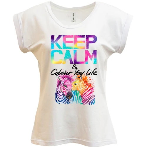 Футболка жіноча PANI Keep calm and colour your life з кольоровими зебрами (2)