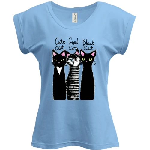 Футболка женская PANI, Синий, с тремя котами "cute, good, black"
