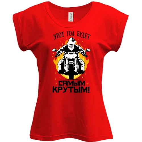Футболка женская PANI, Красный, с Сантой на байке