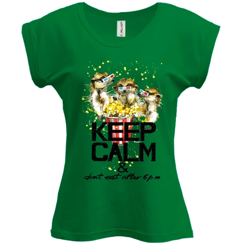 Футболка женская PANI, Зеленый, с сусликами и попкорном Keep calm & dont eat after 6 pm