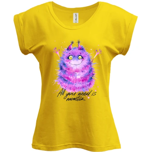 Футболка жіноча PANI, Жовтий, з монстром "all you need is monster" (2)