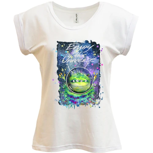 Футболка жіноча PANI, Білий, с зеленим монстром "enjoy the universe"