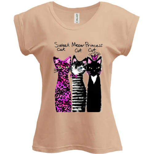 Футболка жіноча PANI, Бежевий, з трьома котами "sweet, princess, meow" (1)