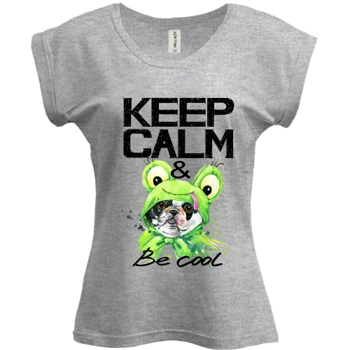 Футболка женская PANI, Серый меланж, с Бостон-терьером "Ceep calm & be cool"