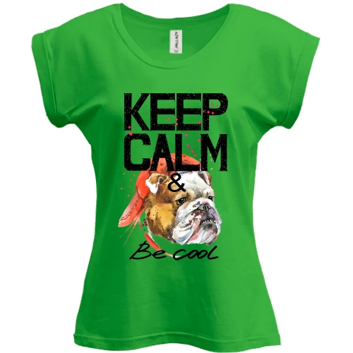 Футболка женская PANI, Зеленый, с Бульдогом "Ceep calm & be cool"