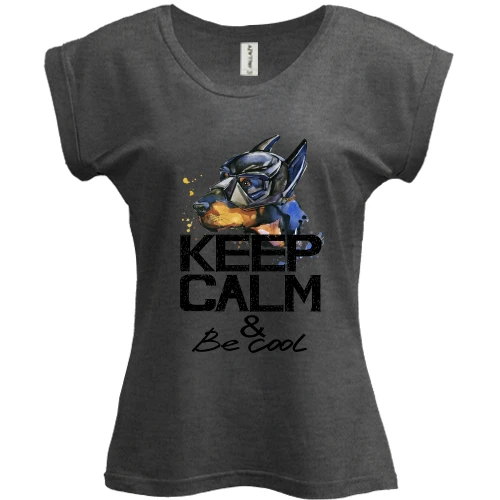 Футболка женская PANI, Серый меланж, с доберманом "ceep calm & be cool"
