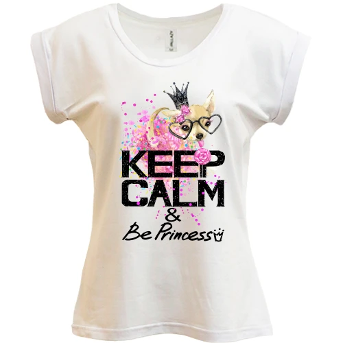 Футболка жіноча PANI, Білий, з собачкою "Keep calm and be princess"