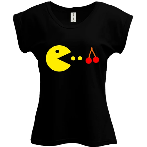 Футболка женская PANI, Черный, Pacman с вишней